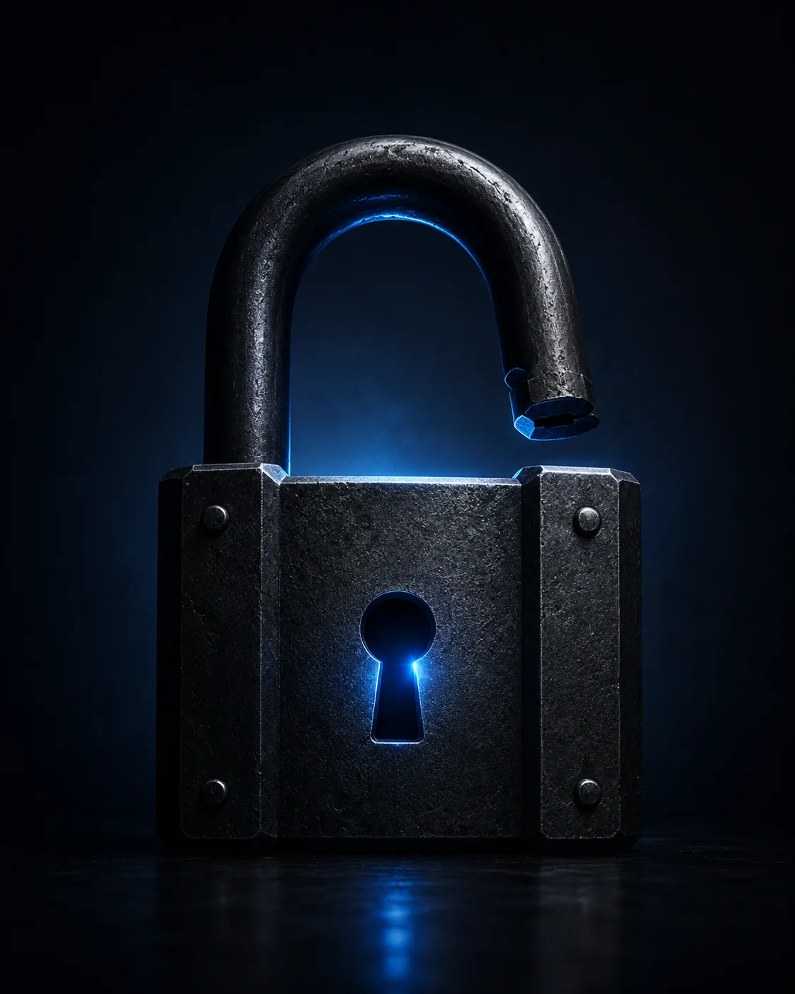Cadenas massif anthracite entrouvert dans la pénombre, éclairé d'une lueur bleue