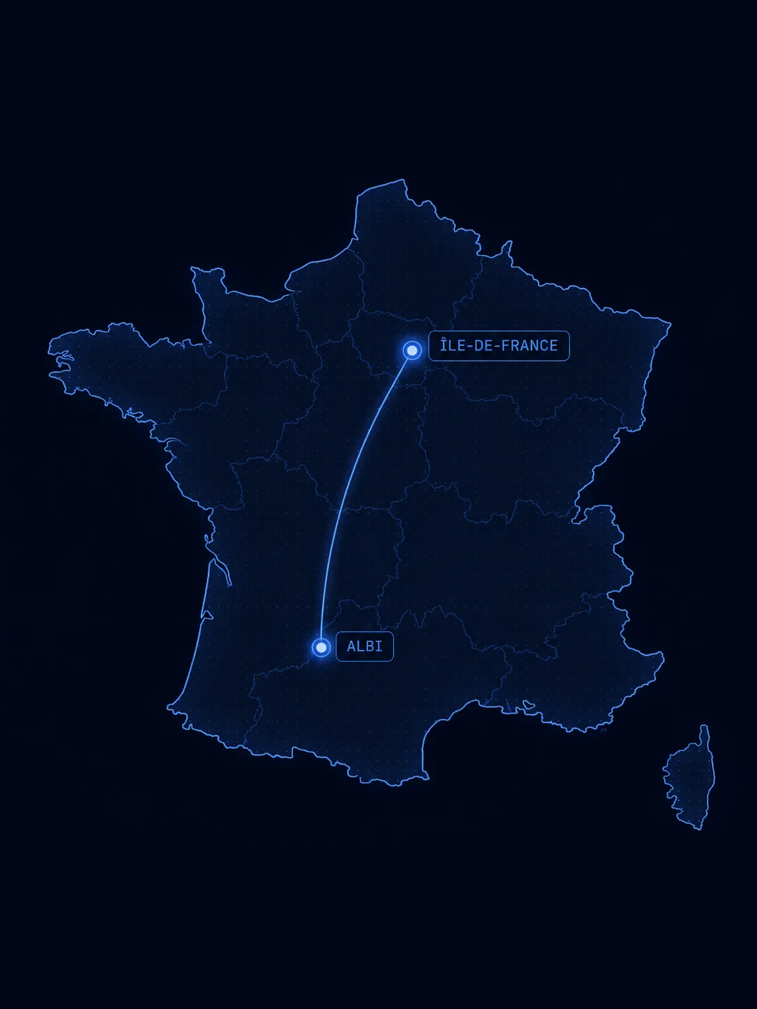 Carte de France : arc lumineux reliant l'Île-de-France à Albi, les deux datacenters Celeste