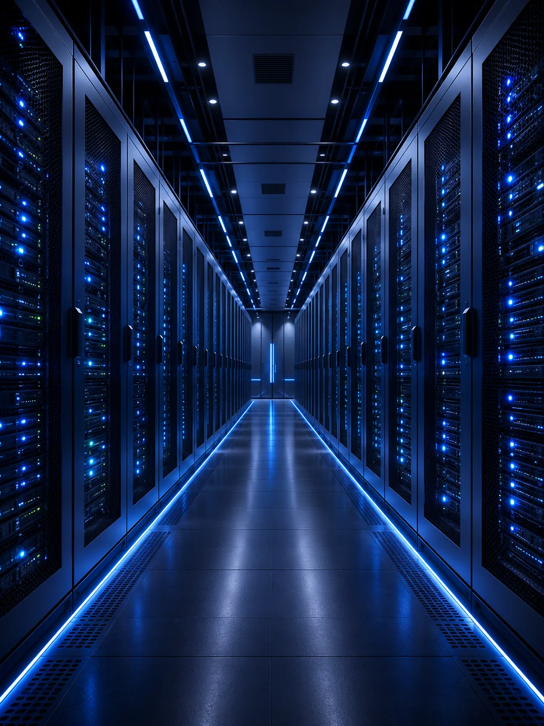 Couloir de baies serveurs illuminées de diodes bleues dans un datacenter