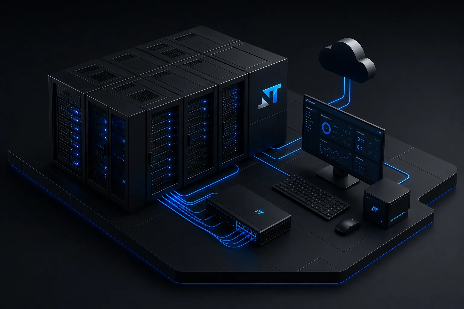 Illustration 3D : baies serveurs, réseau et supervision Neatem reliés au cloud