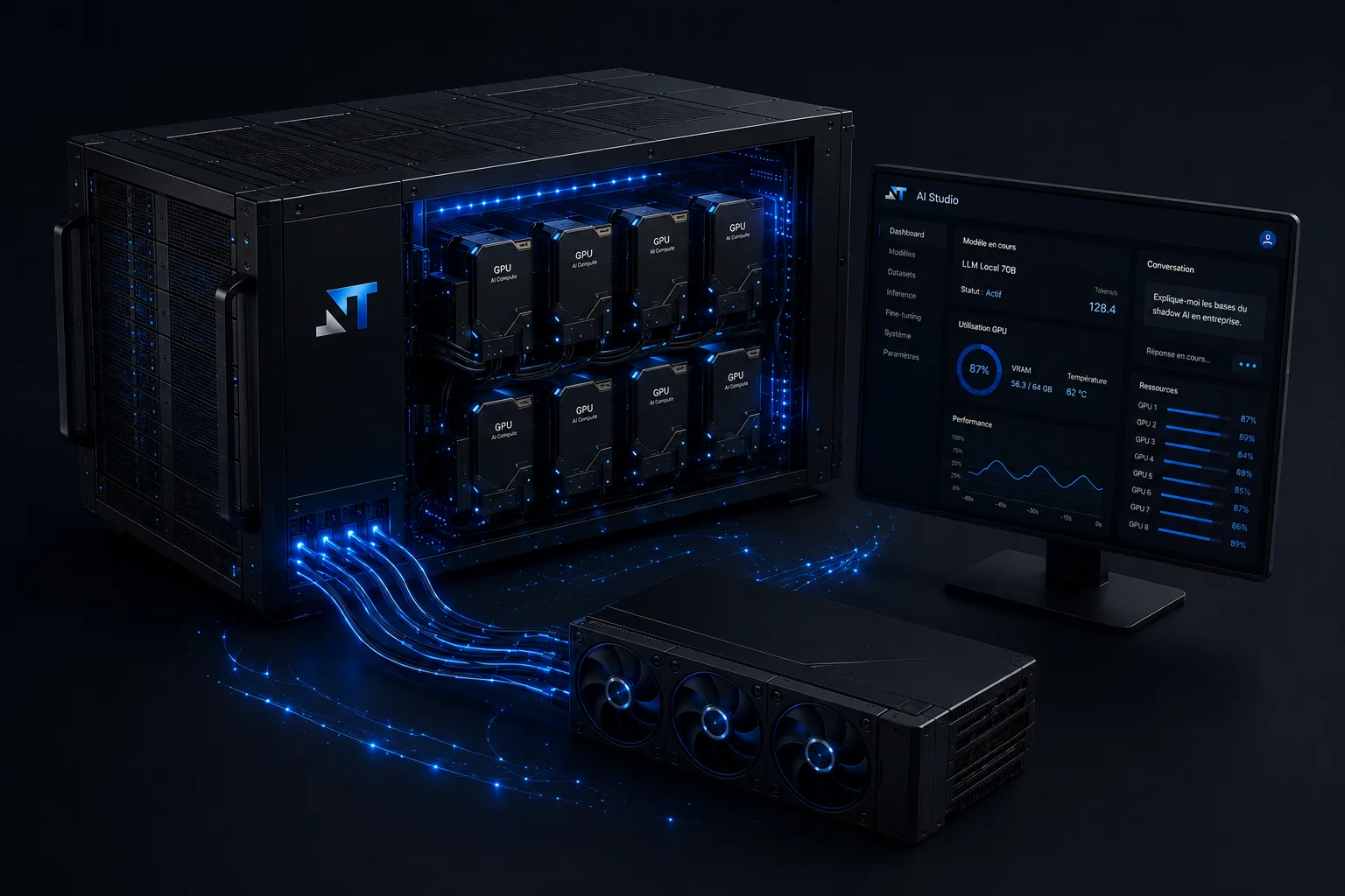 Illustration 3D : serveur GPU Neatem ouvert, modules GPU et écran de supervision