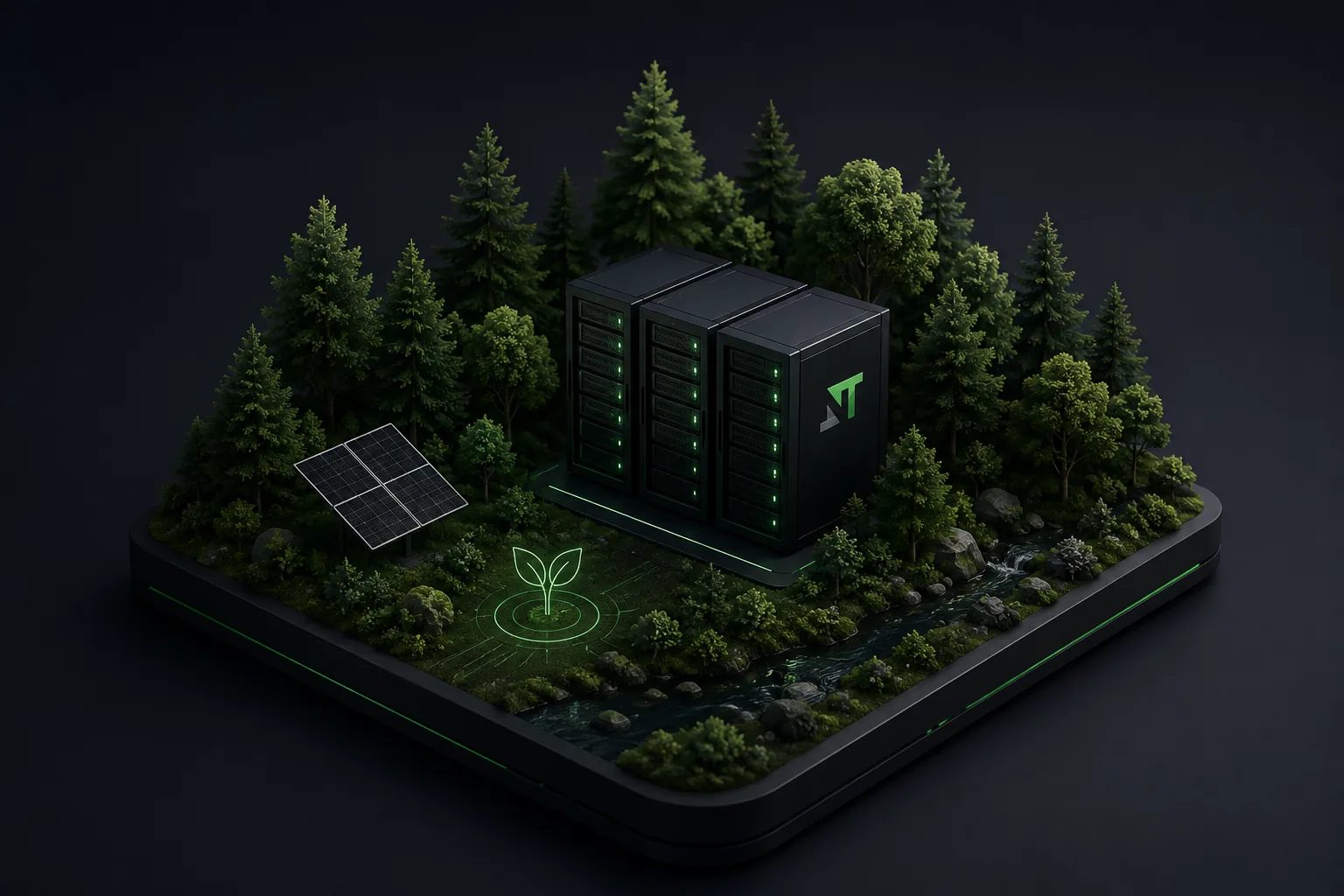 Illustration 3D : serveur Neatem au cœur d'une forêt, panneau solaire et pousse lumineuse